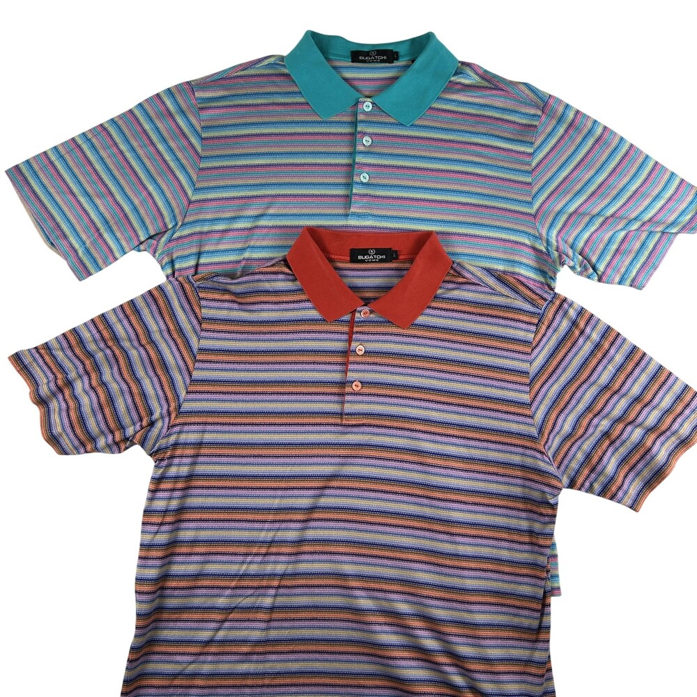 Bugatchi Uomo Polo Shirt Mens Large Lot 2 Multicolor Stripe Mercerized Cotton